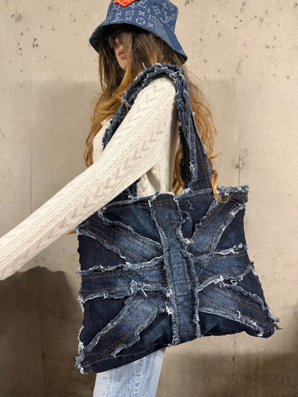 NWOT LARGE Distressed Denim Union Jack Tote Bag